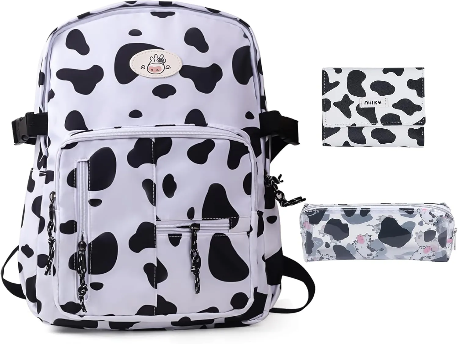3Pcs Cow Backpack for Girls with Cute Pin Plush Pendant Laptop Bag Keychain Wallet Schoolbag for Students Shoulders Bookbag Teen Kids Daypacks Casual Travel Bag (Cute Cows)