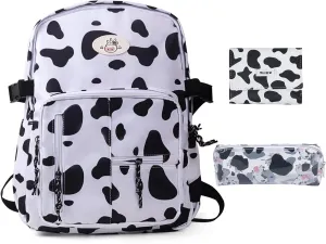 3Pcs Cow Backpack for Girls with Cute Pin Plush Pendant Laptop Bag Keychain Wallet Schoolbag for Students Shoulders Bookbag Teen Kids Daypacks Casual Travel Bag (Cute Cows)