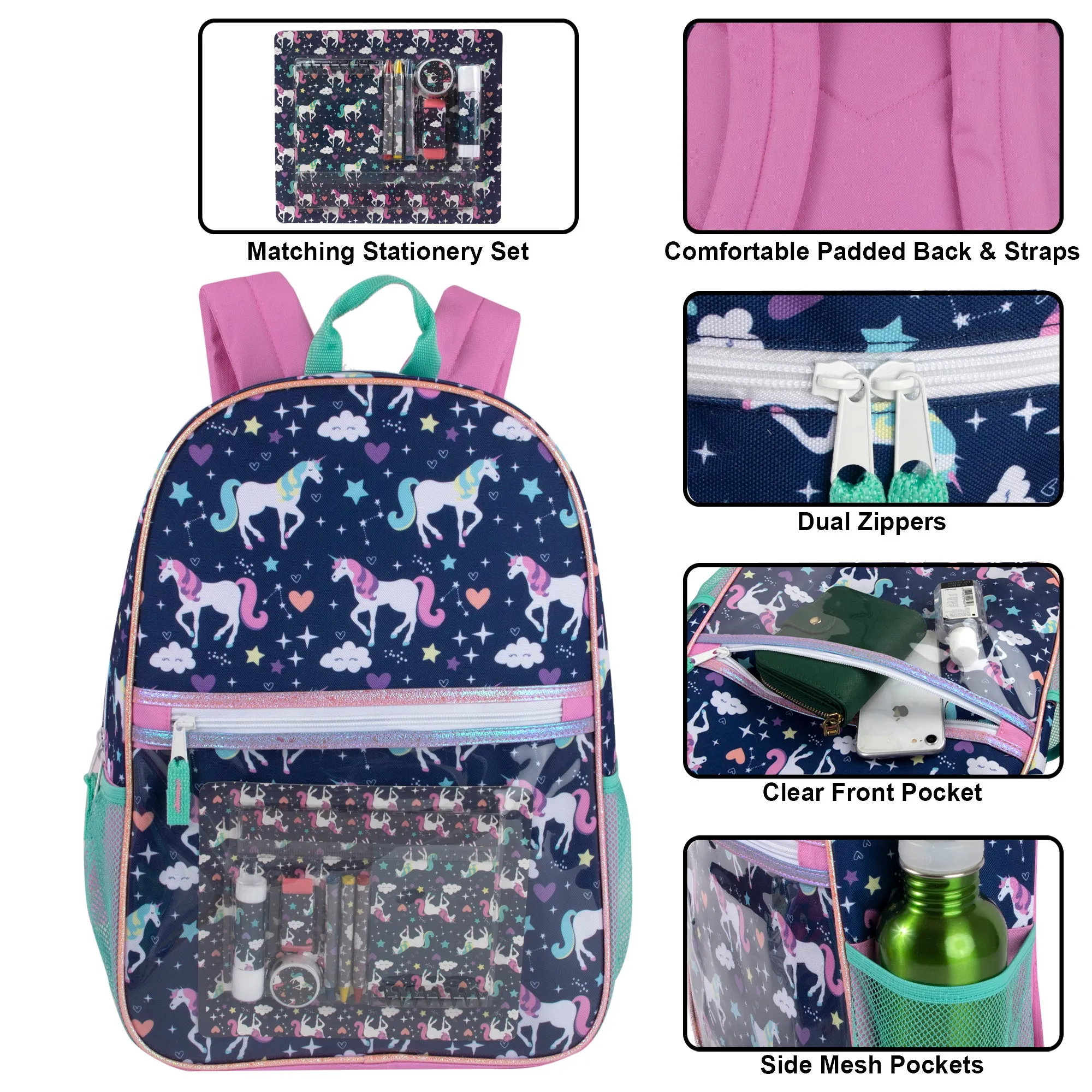 43cm Printed Backpack with 8 Piece School Kit 20L Capacity - Unicorn Themed