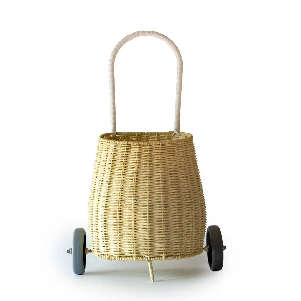 Basket on wheels rattan storage toy for kids: Light pink