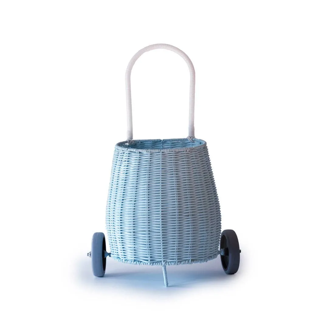 Basket on wheels rattan storage toy for kids: Light pink