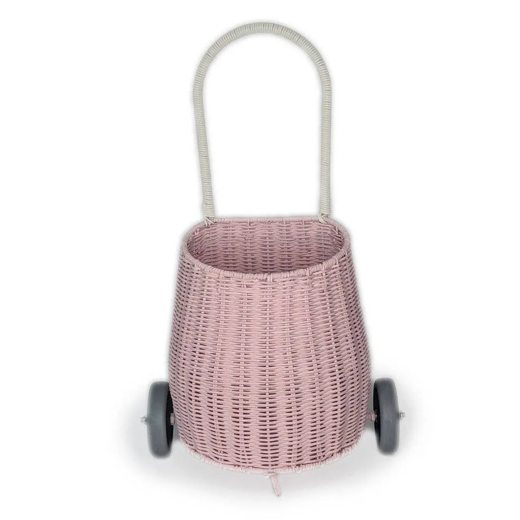 Basket on wheels rattan storage toy for kids: Light pink