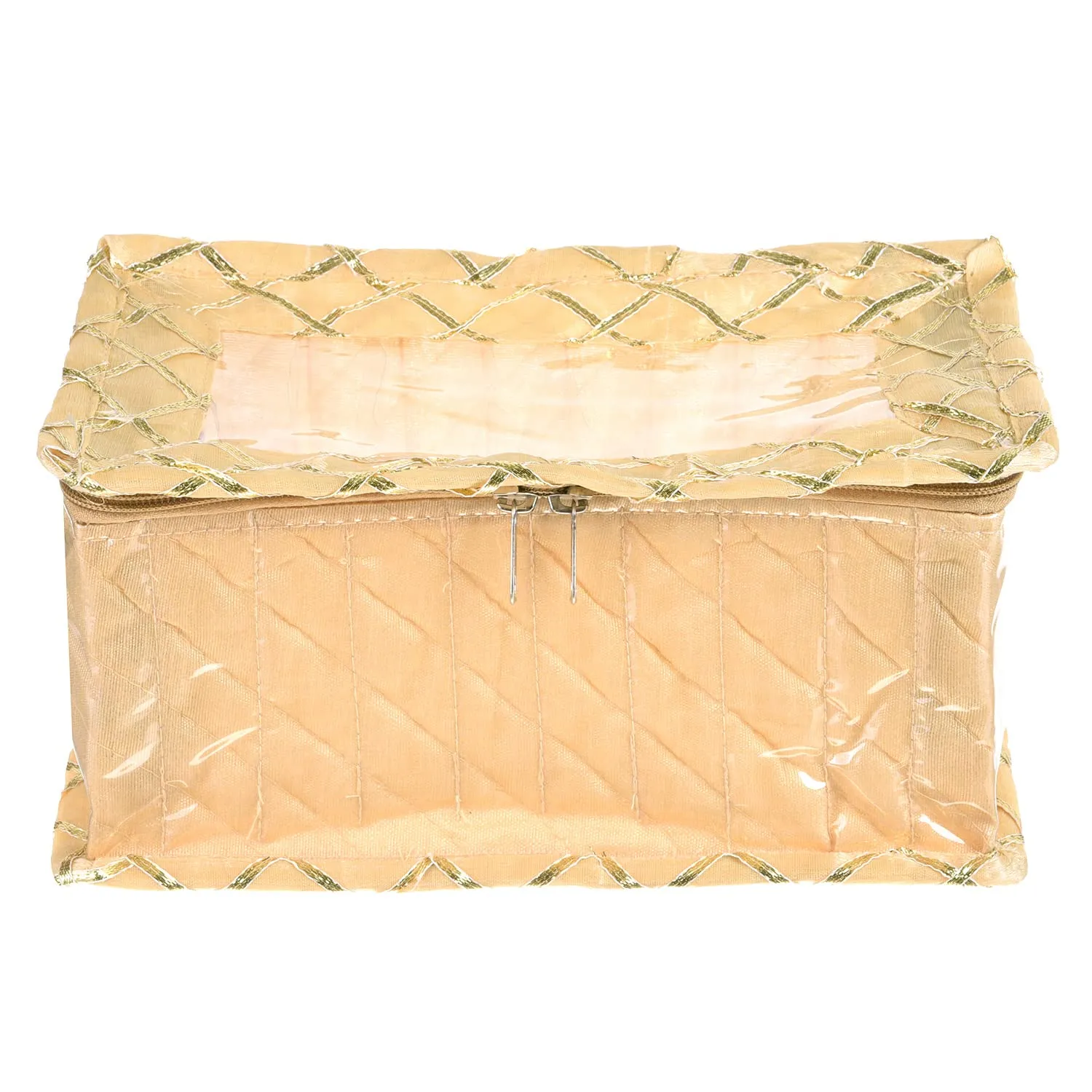 Kuber Industries Jewellery Box | PVC Laminated Gota Check Design Jewellery Kit For Woman | 10 Compartment & Pouches Cosmatic Bag with Transparent Top | Cream