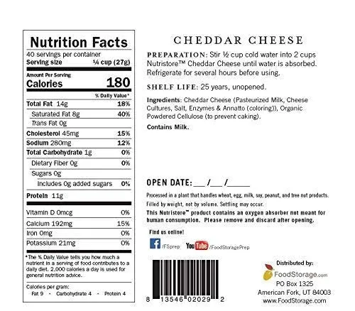 Nutristore Freeze-Dried Cheddar Cheese Shredded #10 Can - 40 Servings